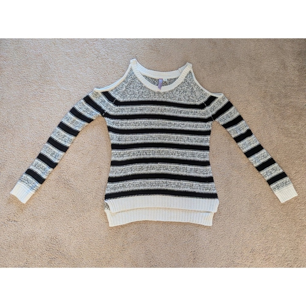 Alya‎ Black White Striped Cold Shoulder Sweater Textured Marled Knit Long Sleeve